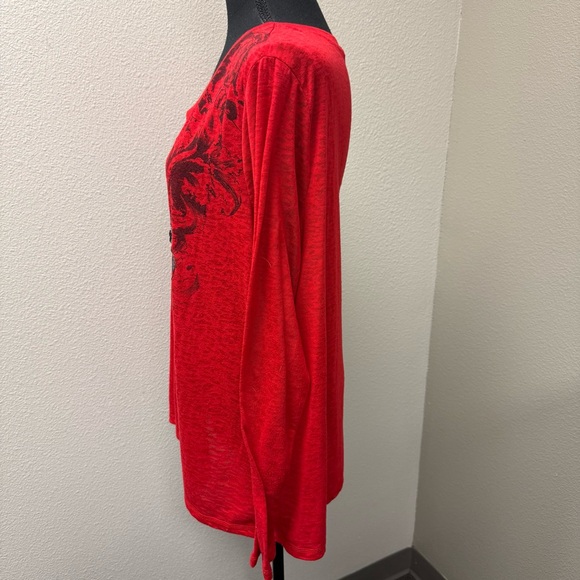 Cato Red Fleur De Lis Sequin Graphic V Neck Long Sleeve Top Plus 18/20 - Picture 4 of 10